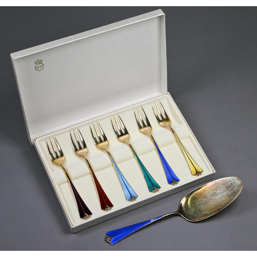40 - A David-Andersen (Oslo) Sterling and gilt Harlequin set of six coloured enamel pastry forks in origi... 