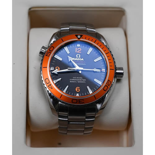 An Omega Seamaster Professional Co-Axial Chronometer, Planet Ocean orange, 600 metre, 8500 calibre movement with 42 mm crystal case-back , model 232.30.42.21.01.002, serial. no. 87700625 (Nov. 2017), mint boxed with spare bracelet links and tags, warranty cards etc, in fitted presentation box and outer box