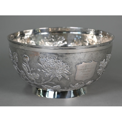 41 - A Chinese export silver rose-bowl, finely embossed and chased with chrysanthemums, engraved as RBYC ... 