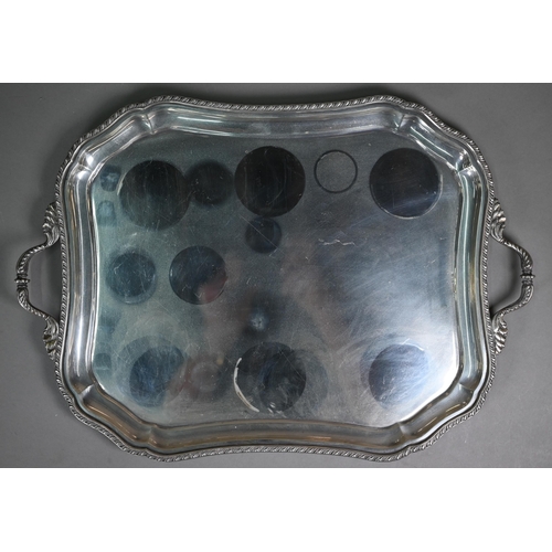 44 - A Continental white metal large tray with foliate handles and gadrooned rim, stamped '925', 65oz, 52... 