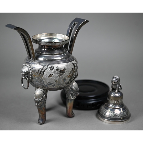 48 - A Chinese Republic silver censer, the domed cover surmounted by kylin, the globular body with two la... 