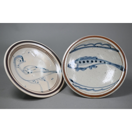 533 - Svend Bayer (b. 1946); two small plates, painted with a bird and with a fish 19/18.5 cm (2)ARR may b... 