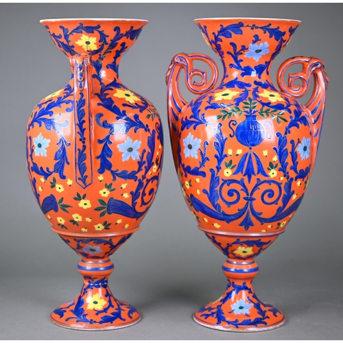 538 - A vintage pair of Herend porcelain baluster vases with twin scroll handles, painted with blue and ye... 