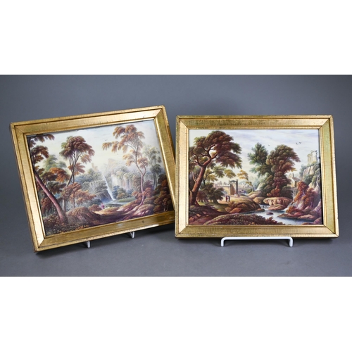 544 - A pair of 19th century porcelain rectangular plaques, painted with Italianate landscapes, 19 x 26 cm... 