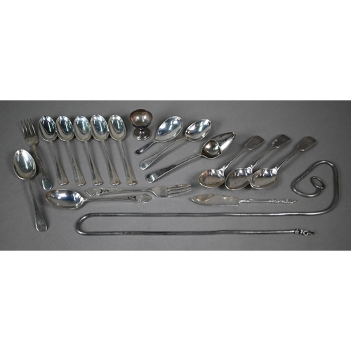 64 - Twelve various silver teaspoons, to/w a caddy spoon, butter knife, two small forks and a miniature t... 