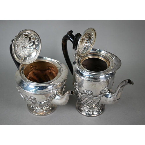 80 - A late Victorian silver four-piece tea service in the Empire manner, with embossed foliate, scroll, ... 