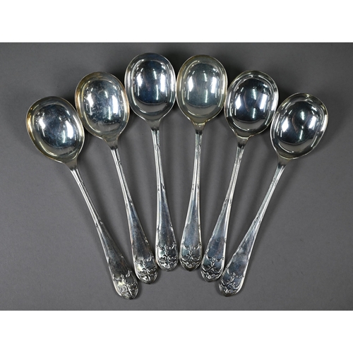 92 - A heavy quality set of six silver soup spoons with decorative stems, James Deakin & Sons, Sheffi... 