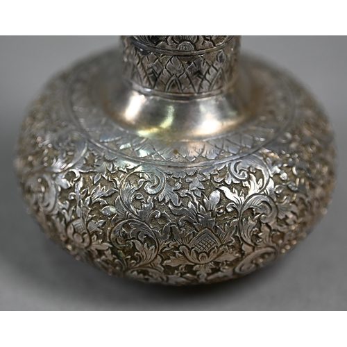 93 - A graduated pair of Chinese Himalayan Shan silver bottle vases with floral-chased decoration, stampe... 