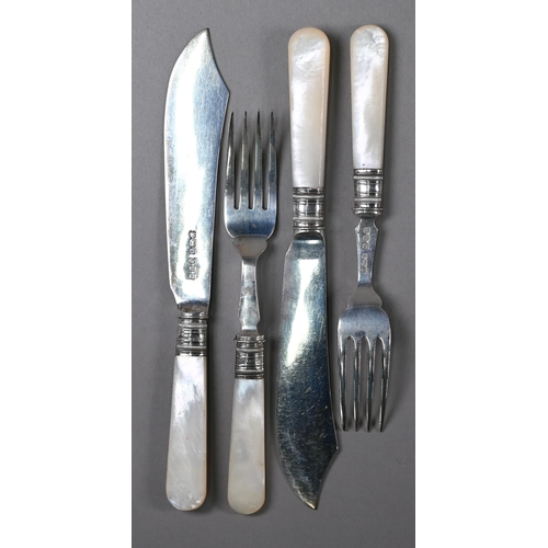 94 - A cased set of six each silver fish knives and forks with mother of pearl handles, Sheffield 1926, t... 