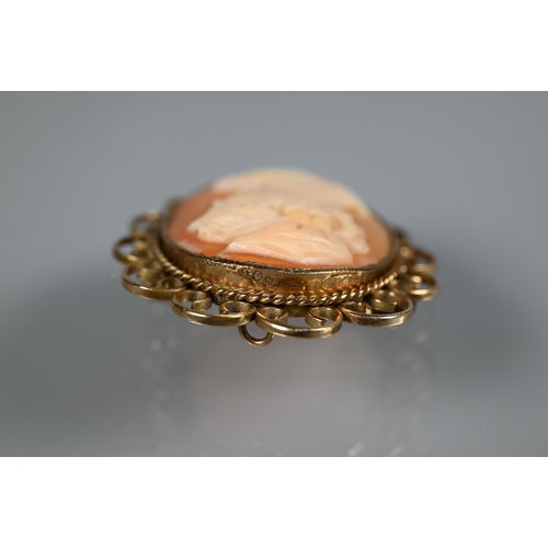 219 - An oval shell cameo of a female profile in 9ct yellow gold scroll mount, a yellow metal chain stampe... 