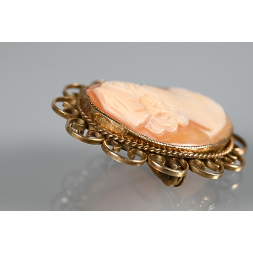 219 - An oval shell cameo of a female profile in 9ct yellow gold scroll mount, a yellow metal chain stampe... 