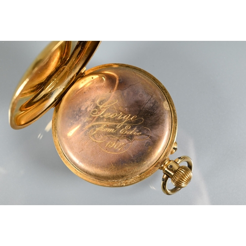425 - An 18ct half hunter pocket watch, with roman numeral dial with subsidiary seconds, crown wind moveme... 
