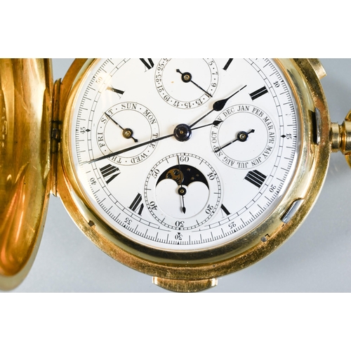 426 - An 18ct gold repeating full hunter calendar pocket watch, the dial with roman numerals, moon-phase a... 