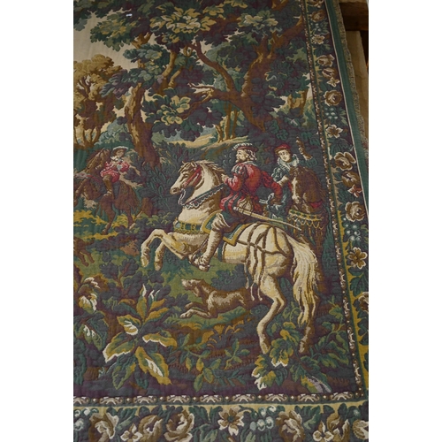 757 - A 17th century style machine loomed tapestry wall hanging, depicting a hunting party in a pastoral l... 
