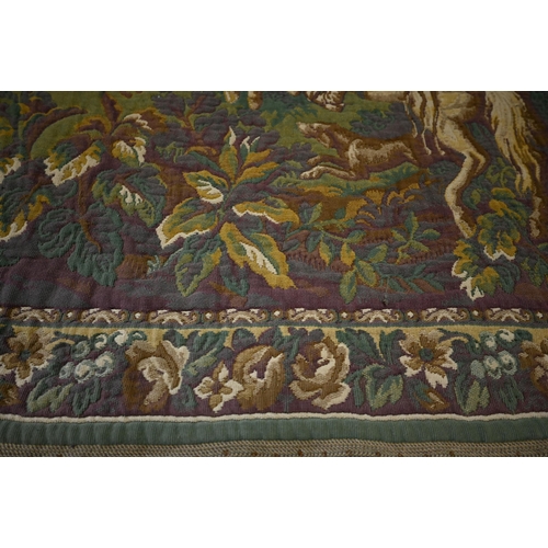 757 - A 17th century style machine loomed tapestry wall hanging, depicting a hunting party in a pastoral l... 