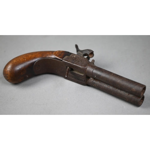 1000 - An early 19th century twin-barrel percussion pistol with 6.7 cm barrels (possibly unscrewing but sei... 