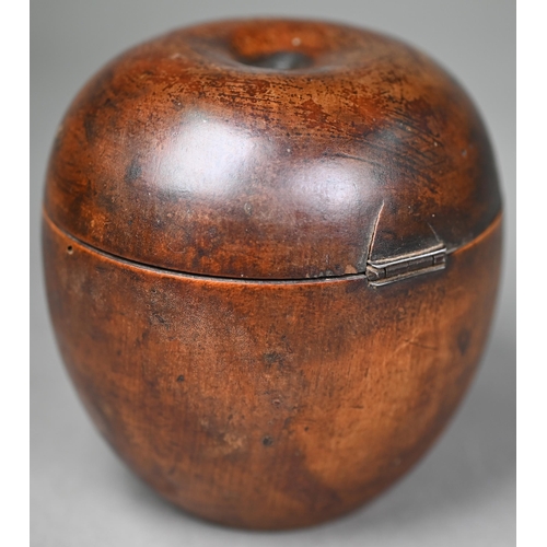 1010 - A Georgian turned wood tea caddy, modelled as an apple, 11 cm high, to/w a turned fruitwood jar and ... 