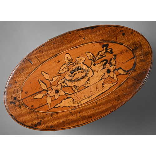 1013 - A Sheraton period satinwood oval tea caddy inlaid with marquetry basket of flowers to the top and do... 