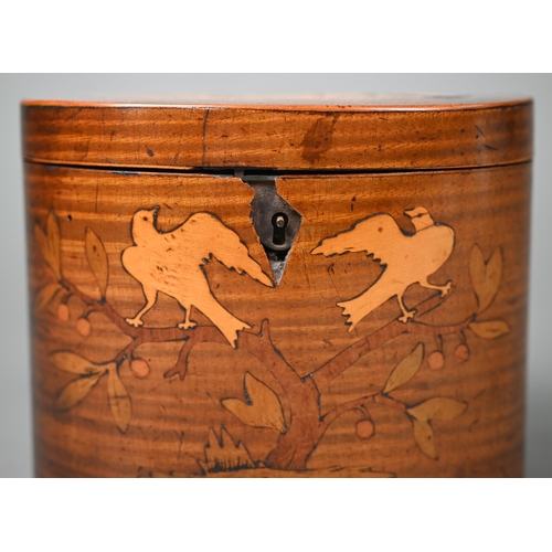 1013 - A Sheraton period satinwood oval tea caddy inlaid with marquetry basket of flowers to the top and do... 