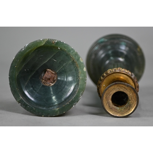 1019 - A pair of Empire candlesticks with gilt metal sockets and capitols, on turned and fluted green onyx ... 