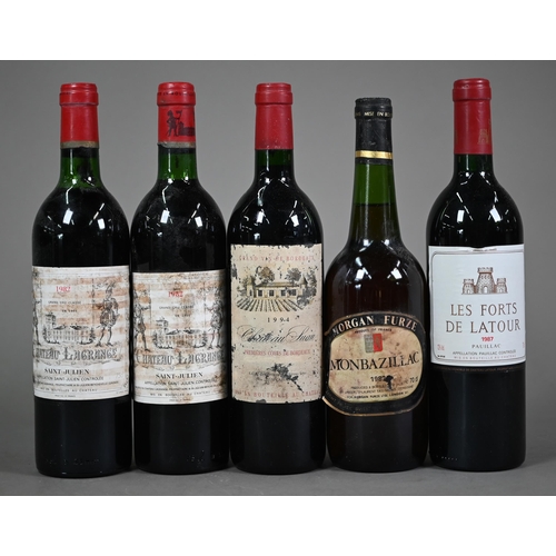 1031 - Five bottles of various vintage red wines; 1987 Les Forts De Latour Pauillac; two bottles of 1982 Ch... 