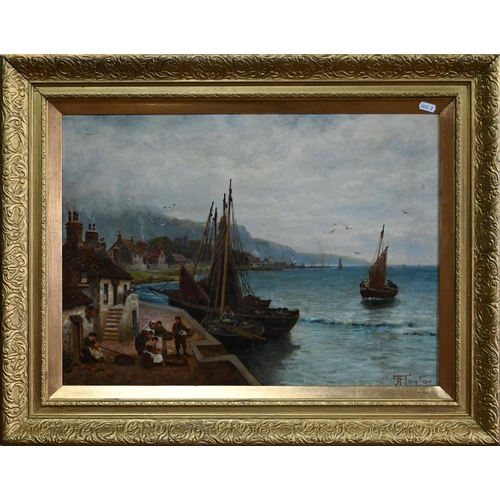 601 - A Taylor (19th century English) - Coastal view with fisherfolk, oil on canvas, signed lower right, 3... 