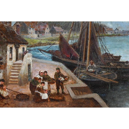 601 - A Taylor (19th century English) - Coastal view with fisherfolk, oil on canvas, signed lower right, 3... 