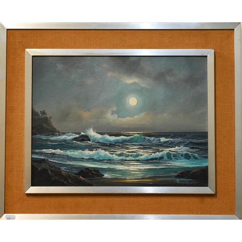 604 - Peter Cosslett (1927-2012) -Moonlit seascape, oil on board, signed lower right, 29.5 x 39.5 cmGood c... 
