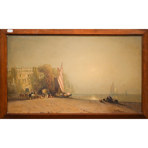 608 - George G Fryer (c1832-?) - Continental coastal view with figures, oil on canvas, signed lower right,... 