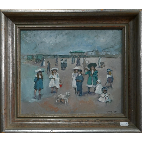 609 - Margaret Palmer (1922-) - Figures on a beach, oil on board, signed lower right, 23.5 x 29 cmGood con... 