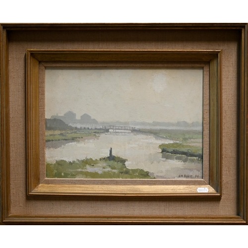 611 - R R Scott - View from Blythburgh, Suffolk, oil on board, signed lower right and dated '80, 24x 34 cm... 