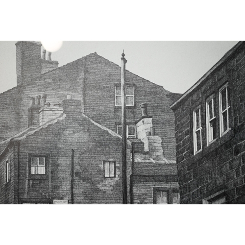 614 - Stuart Walton (b 1933) - Croft Street, Haworth, cobbled street lined with stone built houses, pencil... 