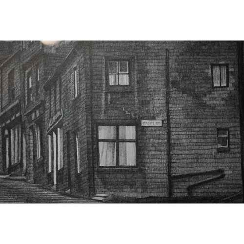 614 - Stuart Walton (b 1933) - Croft Street, Haworth, cobbled street lined with stone built houses, pencil... 