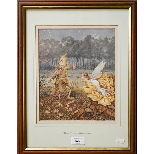 629 - J C Lund - 'The Fairy Musician', watercolour, signed lower left, 26 x 21 cm