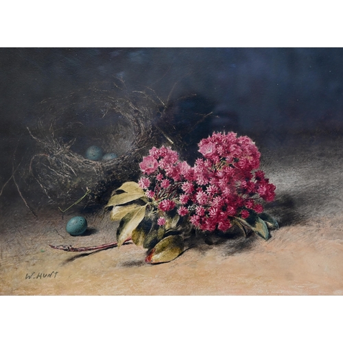 630 - W Hunt - Study of a bird's nest and pink flowers, watercolour, signed, 26.5 x 37 cm