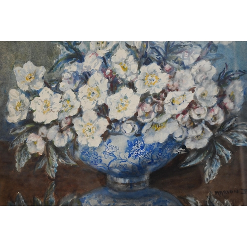 632 - Marion Broom (1878-1962) - Still life study with flowers in a blue and white bowl, watercolour, sign... 