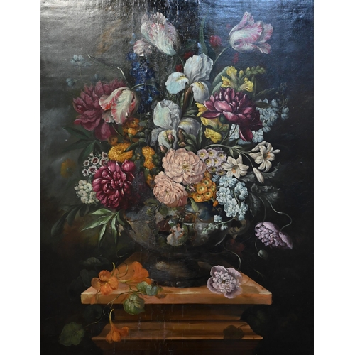 634 - 19th century Dutch school - Still life study of flowers, in a pictorial vase, oil on board, 70 x 54 ... 