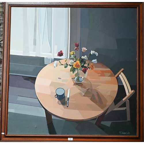 636 - Tim Walsh - Still life study of a table with vase of flowers, mug and knife, oil on canvas, signed l... 