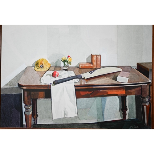 637 - Tim Walsh - Still life study of a desk with cricket-related items, oil on canvas, signed lower right... 