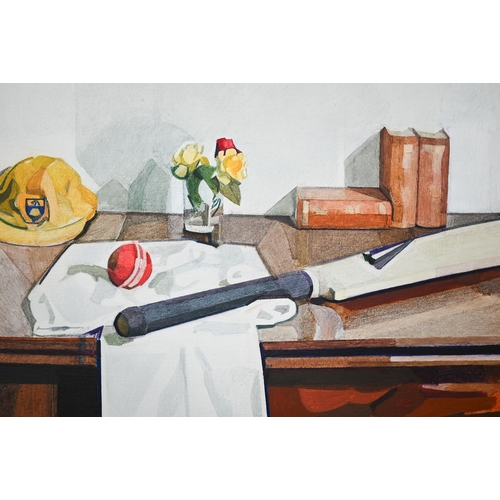 637 - Tim Walsh - Still life study of a desk with cricket-related items, oil on canvas, signed lower right... 