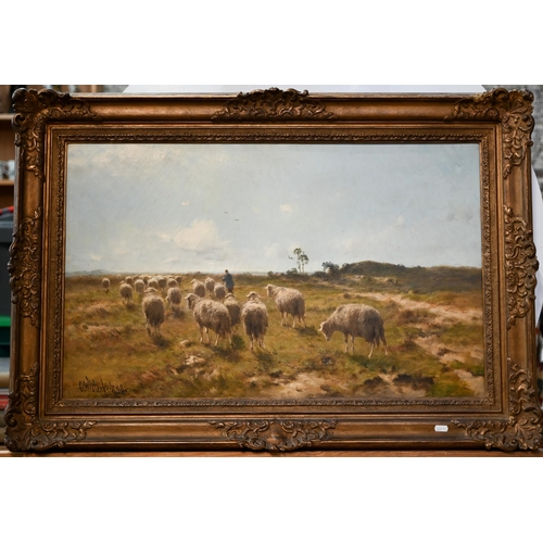 645 - Cornelis Westerbeek (1844-1903) - Shepherd guiding a flock of sheep, oil on canvas, signed and dated... 