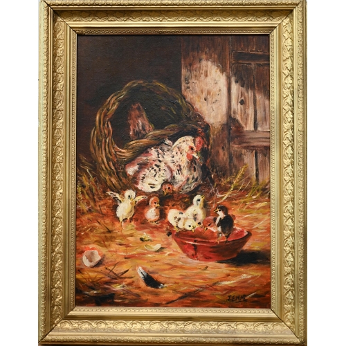 647 - Manner of John Emms - Hen and chicks in a barn, oil on board, bears signature lower right, 49 x 35 c... 