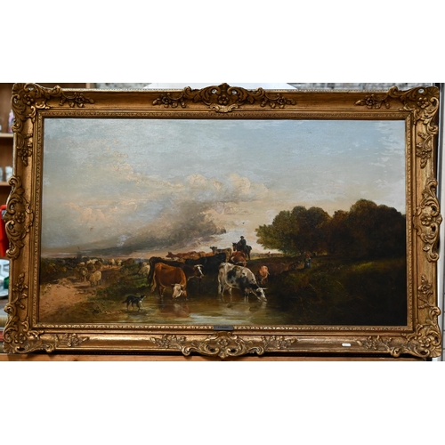 651 - E C Williams (1807-1881) - 'Driving cattle to market' - cattle drinking from a river, oil on canvas,... 