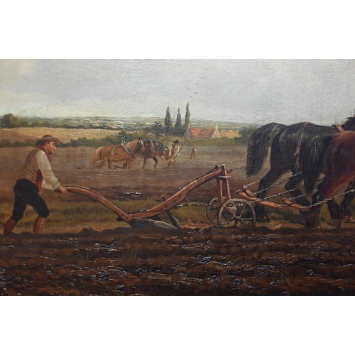 652 - Norman St Clair (1863-1912) - Ploughing the field, oil on canvas, signed lower left, 52 x 94 cmRelin... 
