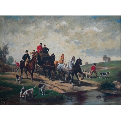 654 - Victorian school - Hunting scene with carriage, oil on canvas, indistinctly signed lower right, 74 x... 
