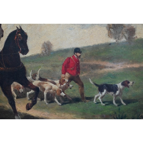 654 - Victorian school - Hunting scene with carriage, oil on canvas, indistinctly signed lower right, 74 x... 