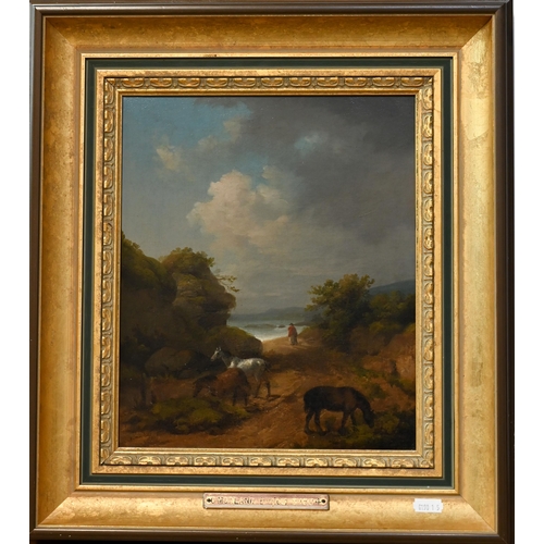 655 - George Morland (1763-1804) - Ponies on a coastal path, oil on canvas, signed lower left and dated 17... 