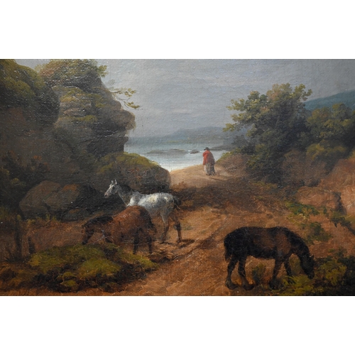 655 - George Morland (1763-1804) - Ponies on a coastal path, oil on canvas, signed lower left and dated 17... 