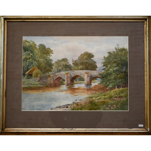 664 - Fred Dixey (1877-1920) - Bridge spanning a river, Derbyshire, watercolour, signed lower right, 37.5 ... 