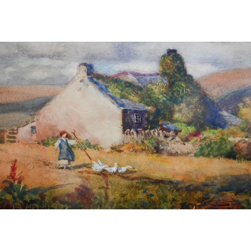 665 - R Thorne Waite (1842-1935) - Cottage with girl and geese, watercolour, signed lower left, 16 x 22 cm